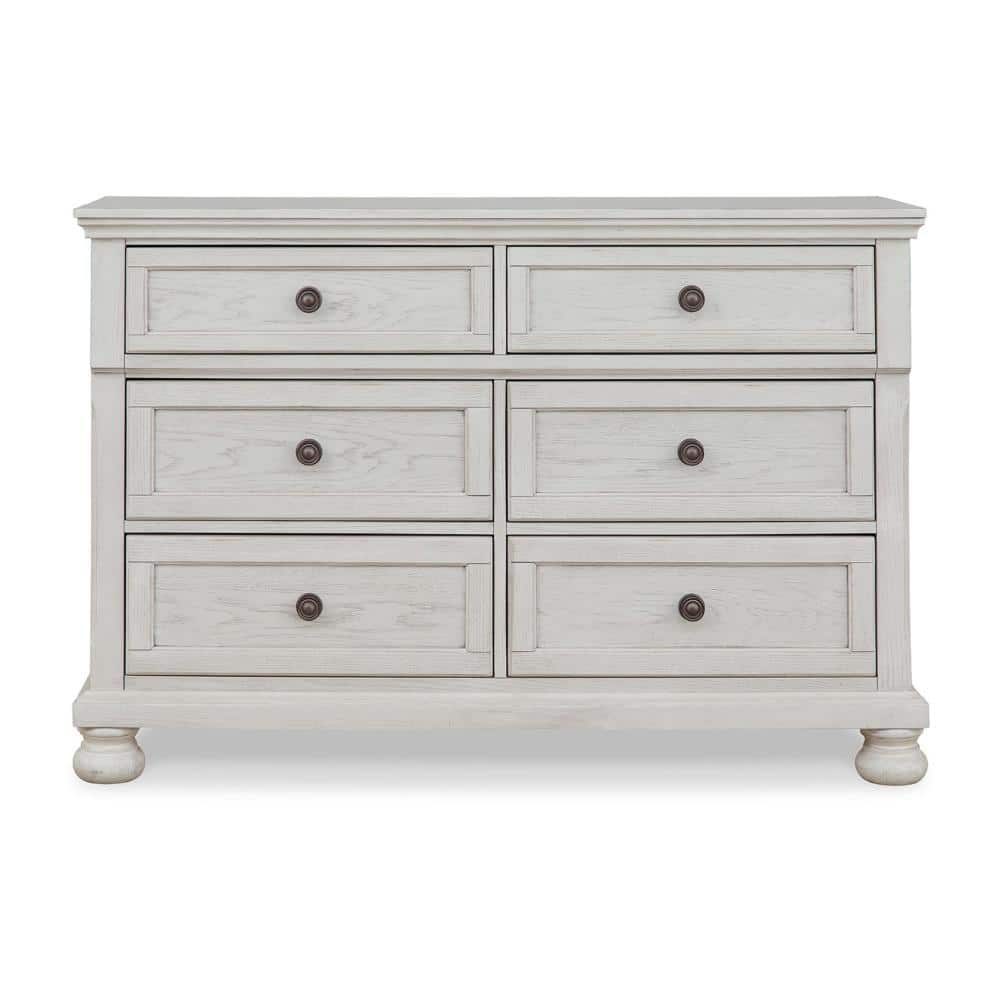 Lea 54 Inch Wide Dresser Chest, 6 Gliding Drawers, Wooden Bun Feet, White