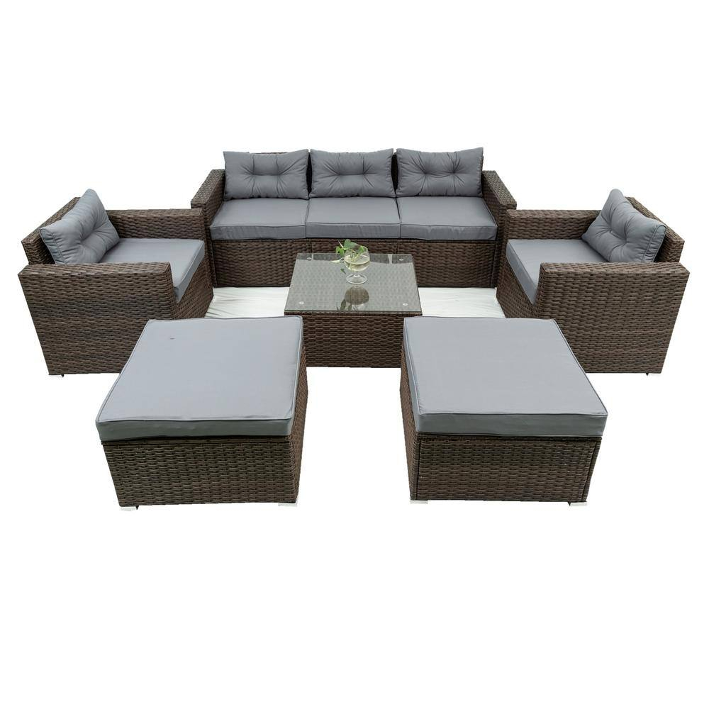 6-Piece Gray Cushioned Rattan Wicker Outdoor Sofa Set