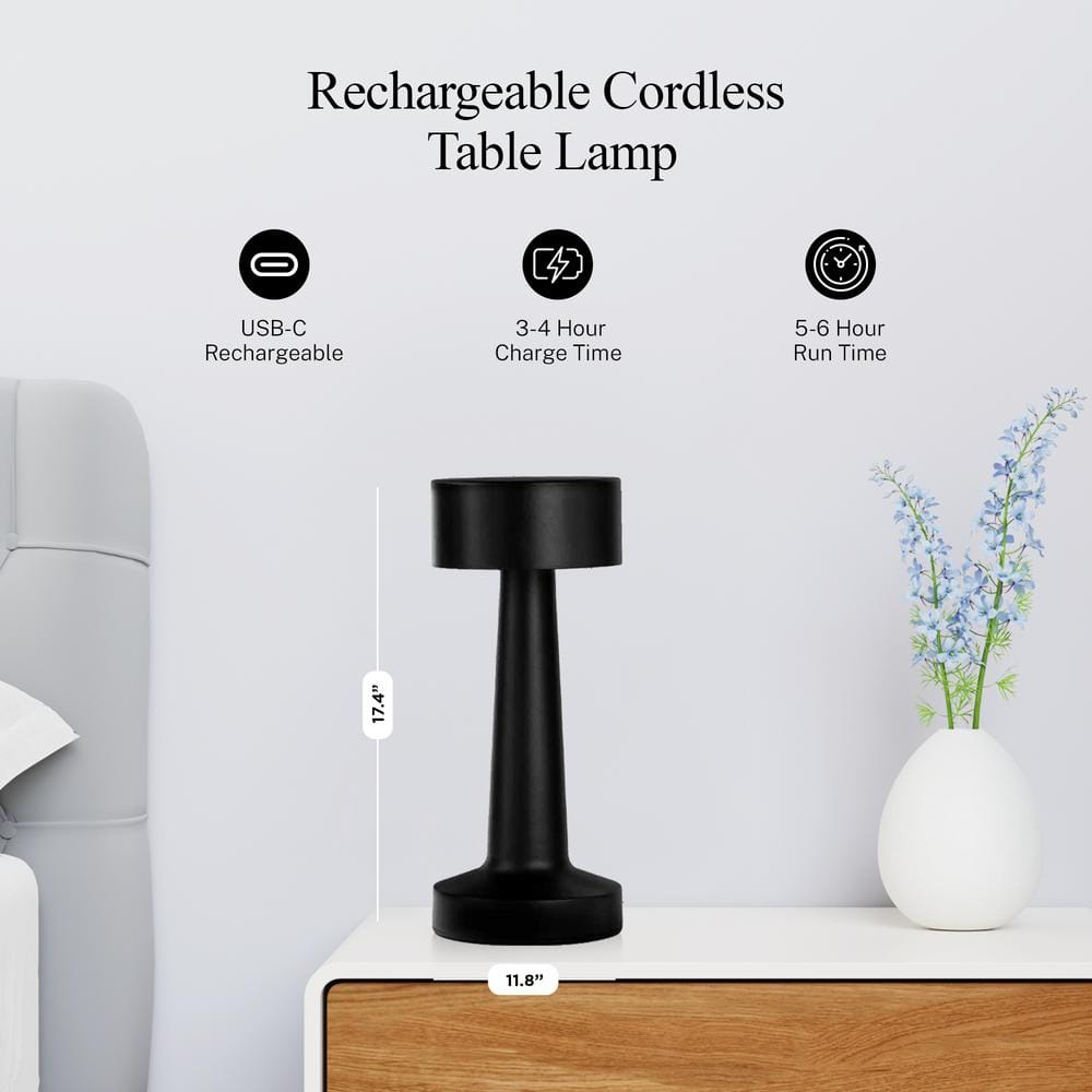 Bell + Howell Chelsea Table Lamp Small Cordless Touch LED Rechargeable Lamp for Bedside Desk Nightstand Midnight Black