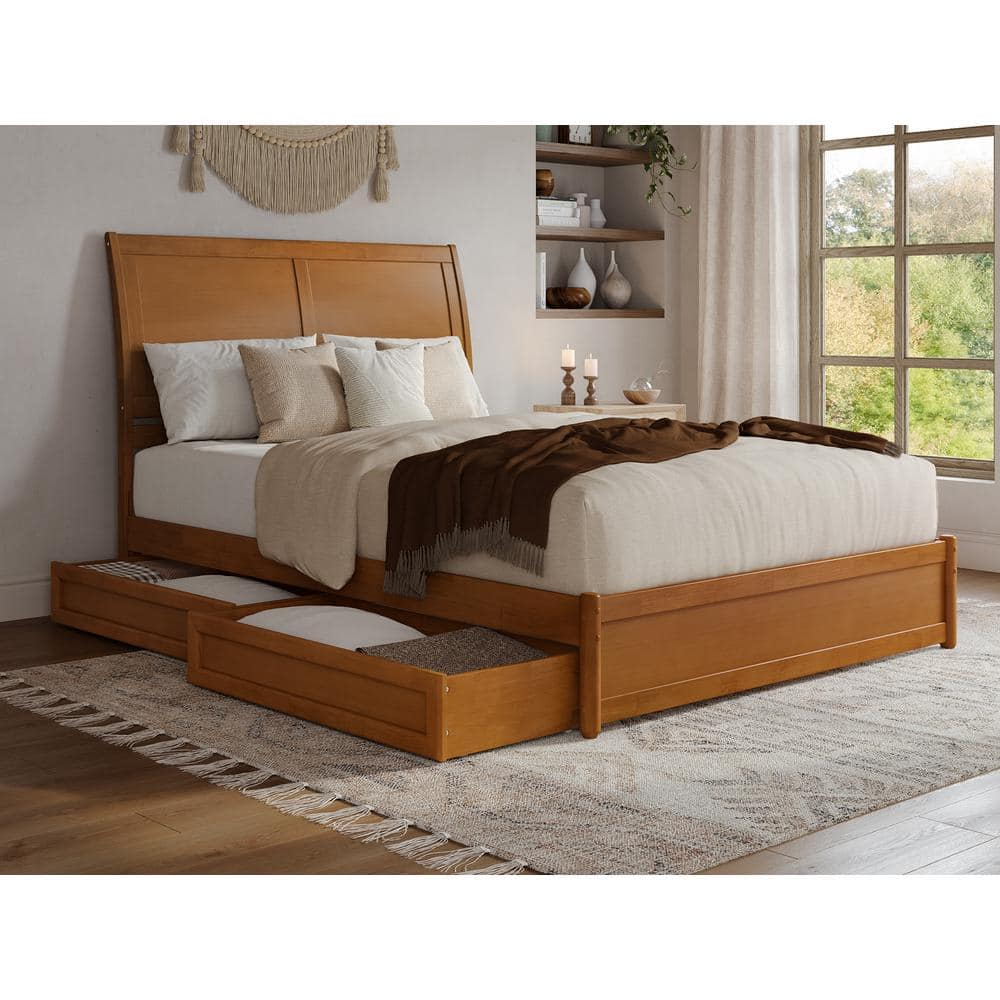 AFI, Andorra Queen Platform Bed with Panel Footboard and Storage Drawers, Light Toffee