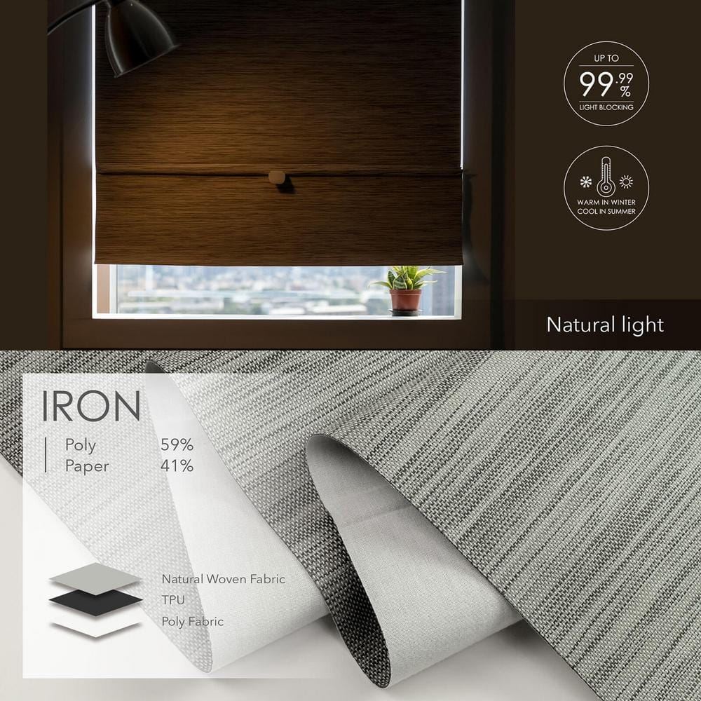 Iron No Drill Cordless 99.99% Blackout Natural Woven Magnetic Roman Shades, 35 in. W x 65 in. L