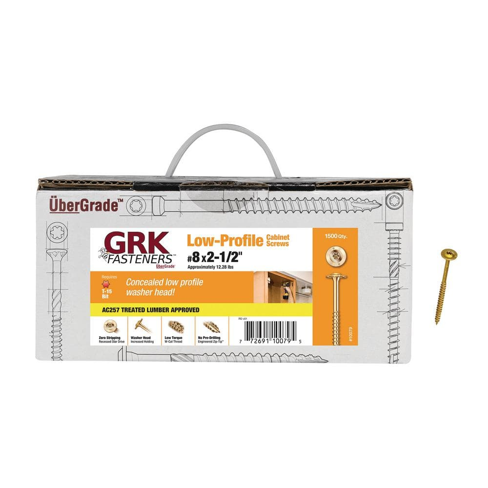 GRK Fasteners 10079 Cabinet Screw, #8 Thread, 2-1/2 in L, Low-Profile, Washer Head, Star Drive, Steel