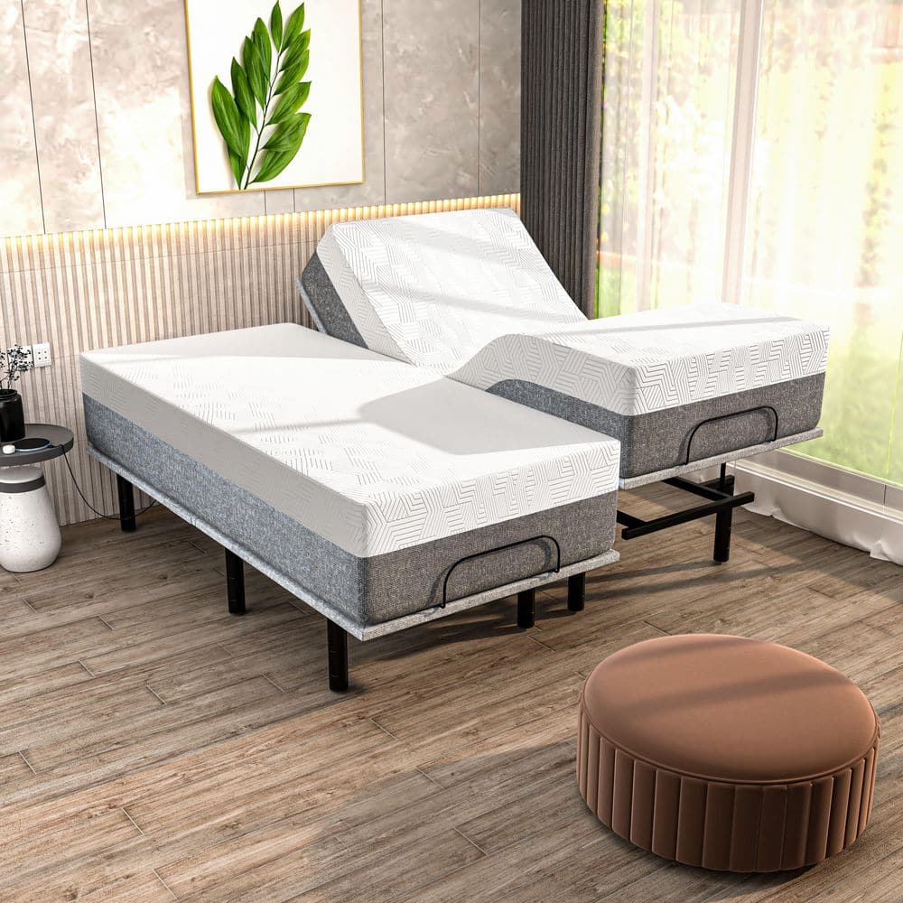 Renanim Serenityflex Adjustable Base & Hybrid Mattress – Split King-Size Adjustable Base with 12 in. Cooling Gel Mattress, Massage, USB Ports, Remote & Under-Bed Light – Reclining Electric Bed Frame