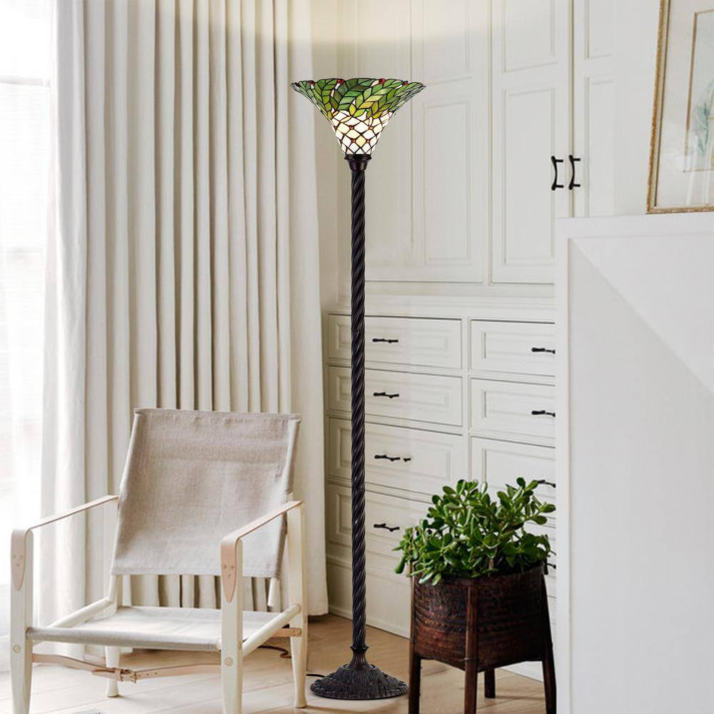 72 in. Antique Bronze Green Leaf Stained Glass Floor Lamp with Foot Switch