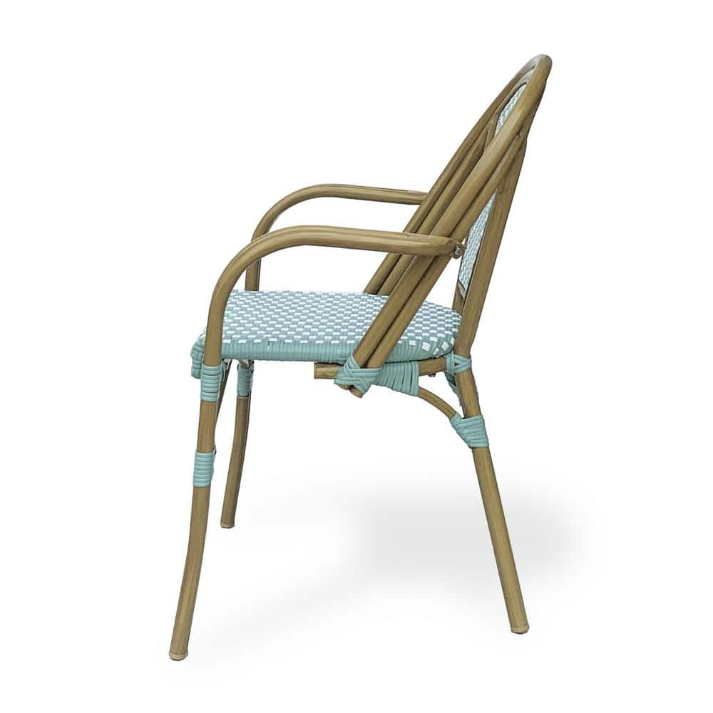 Cecil Aluminum and Wicker Outdoor French Bistro Chairs, Set of 2, Light Teal, White, and Wood Print