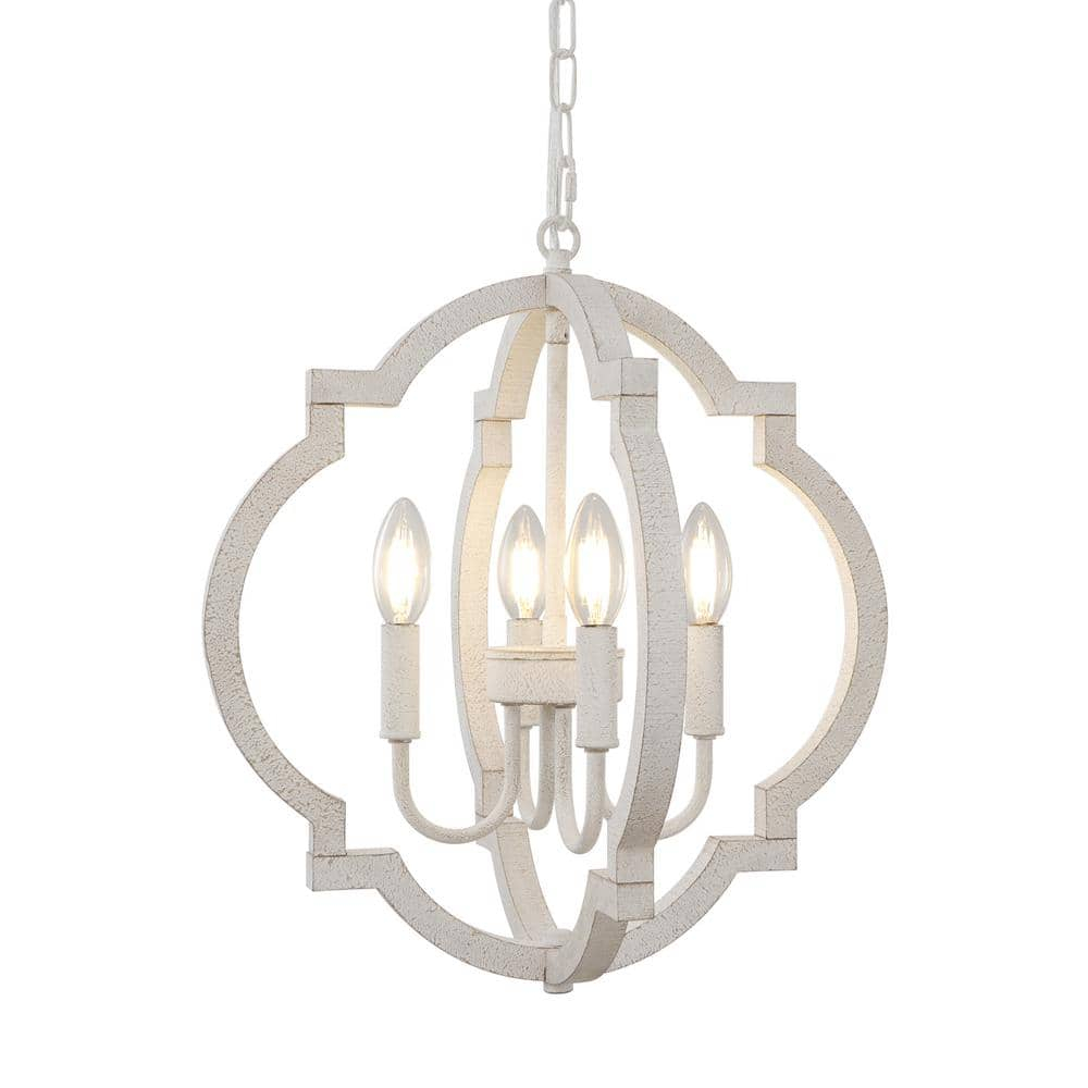 Farmhouse Chandelier Rustic Orb Chandeliers for Dining Room White Wooden Pendant Lighting 4 Light Small French Country Hanging Light Fixtures for Kitchen Island Living Room Bedroom Entryway