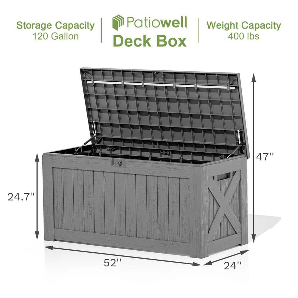 Patiowell 120 Gallon Large Deck Box, Outdoor Lockable Storage Box for Gardening Tools, Waterproof Deck Box for Patio Furniture, Grey