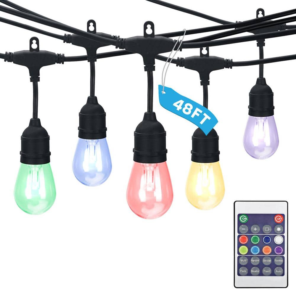 Luxrite 48FT LED RGBW Outdoor String Lights, Remote Control Color Changing Cafe Lights, Commercial Grade Waterproof, 24 Edison S14 Shatterproof Bulbs, IP65, Dimmable Outside Hanging Lights for Patio