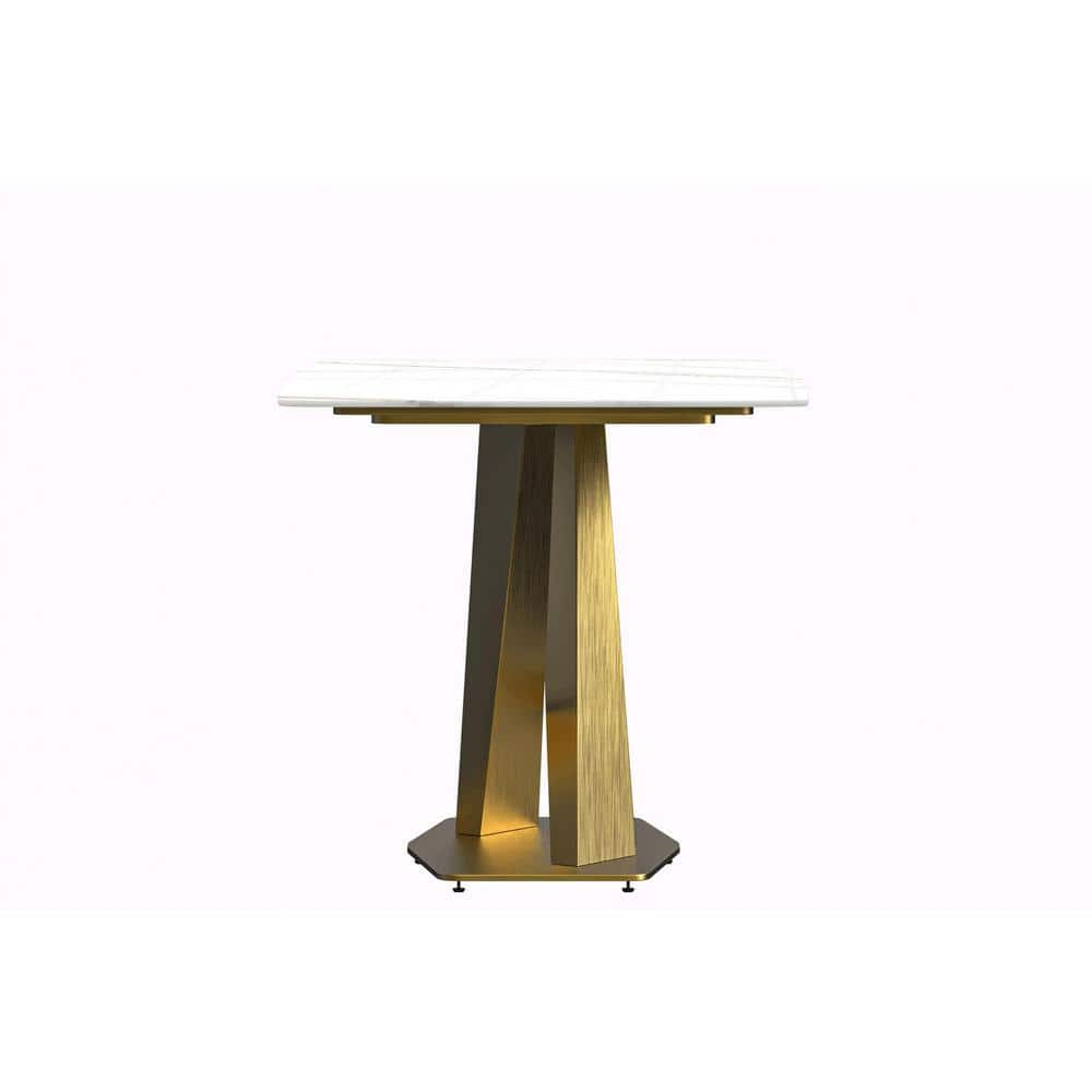 LeisureMod Voren Mid-Century Modern Dining Table with a 55" Sintered Stone Rectangular Tabletop in Gold Stainless Steel Base for Kitchen and Dining Room, White/Gold