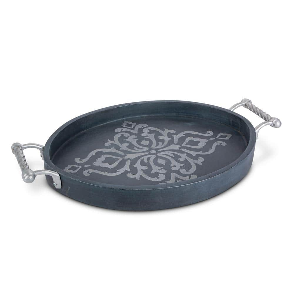 Gerson Gray-washed metal-inlay oval tray with handles
