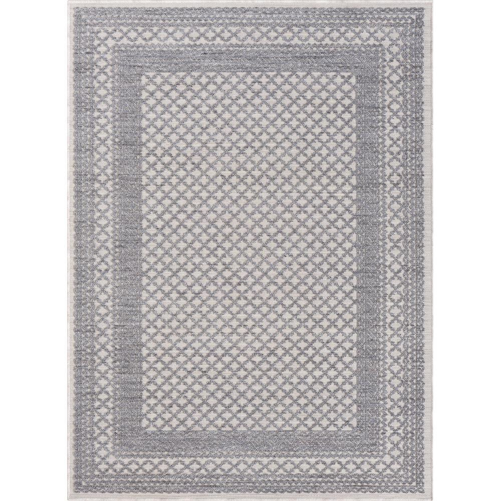 LR Home Gayle 7'10" x 8'10" Gray/Ivory Bordered Performance Indoor/Outdoor Area Rug