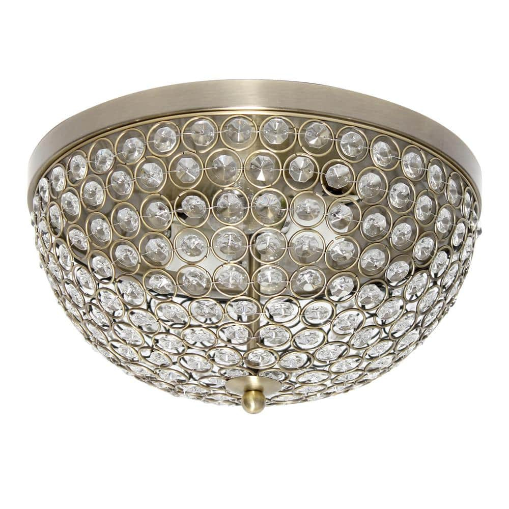 Elegant Designs Elipse Crystal 13" Modern Metal 2 Light Bowl Shaped Ceiling Flush Mount Fixture, Antique Brass