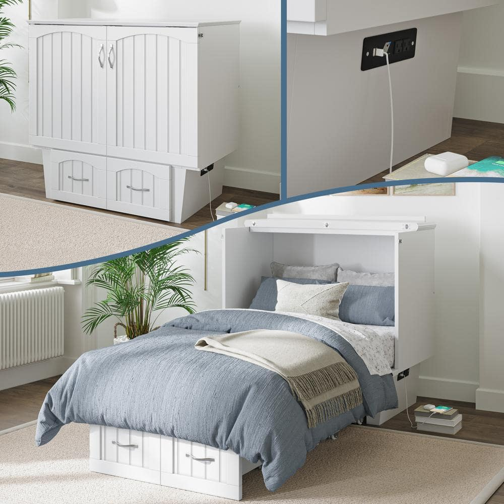 Nantucket Murphy Bed Chest Twin in White with Charging Station & Coolsoft Mattress