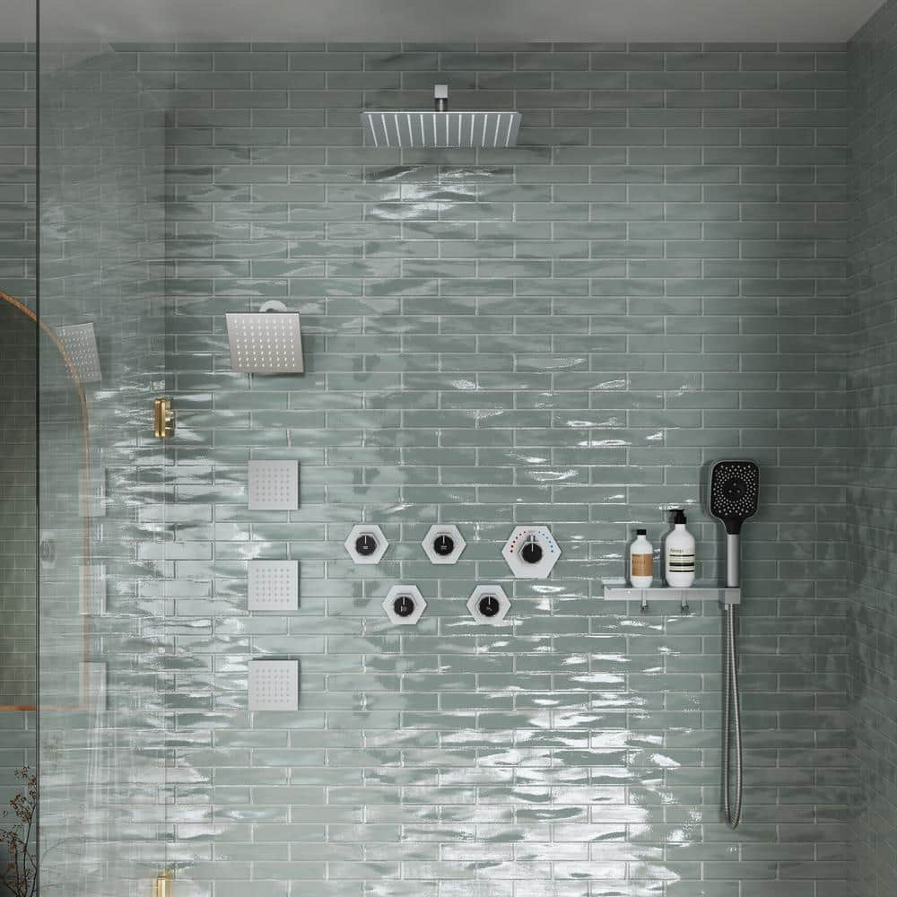 Brushed Nickel Large Dual Shower Head System with Handheld and Body Jets