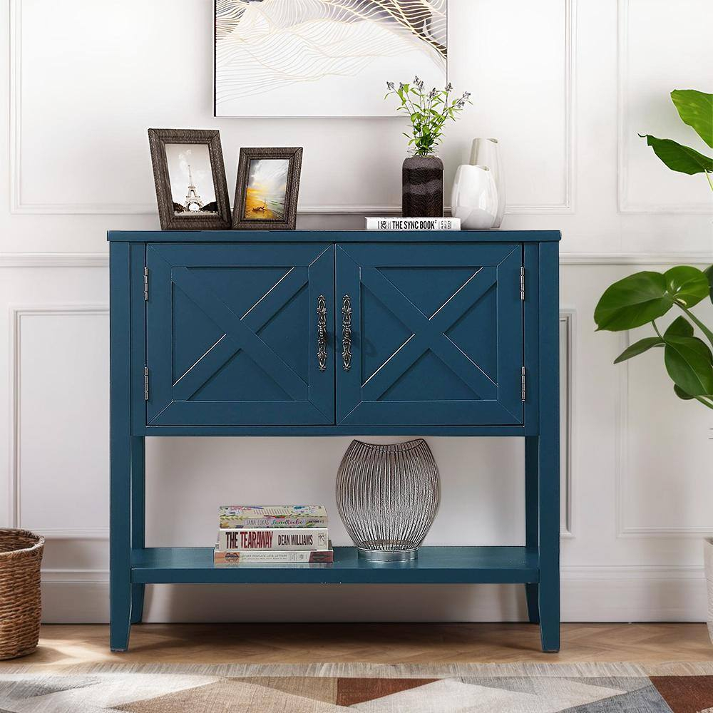 35 in. Blue Farmhouse Wood Buffet Sideboard with Bottom Shelf and 2-Door Cabinet