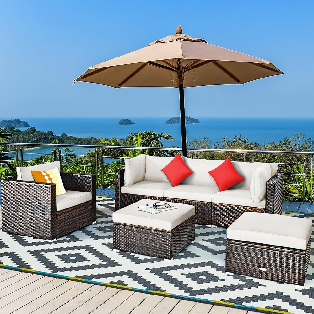 Patiojoy 6PCS Rattan Patio Furniture Set Cushioned Sofa Chair Ottoman White