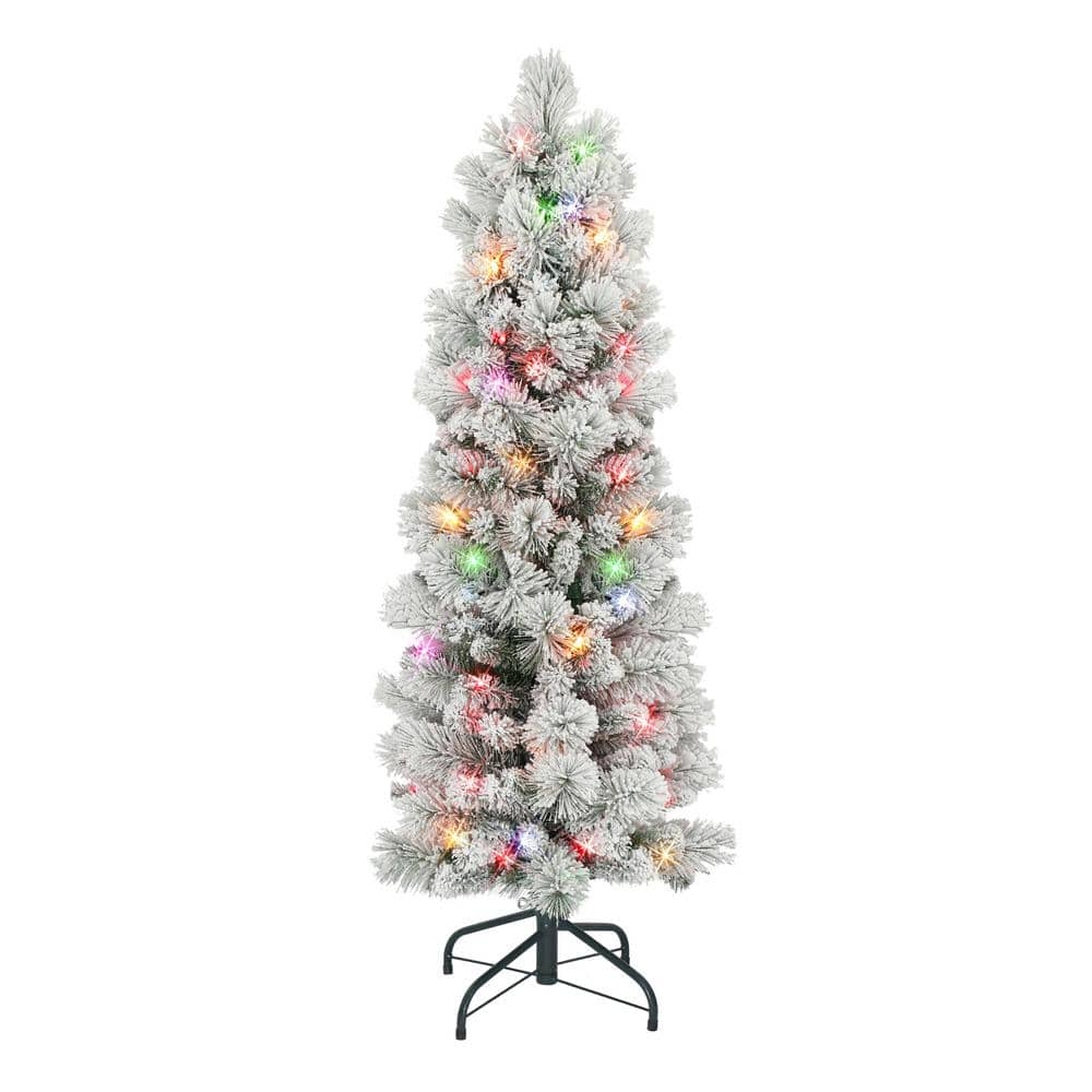 4.5 ft Flocked Portland Pine Pencil Tree with 195 tips 100 Multi-color Incandescent Lights