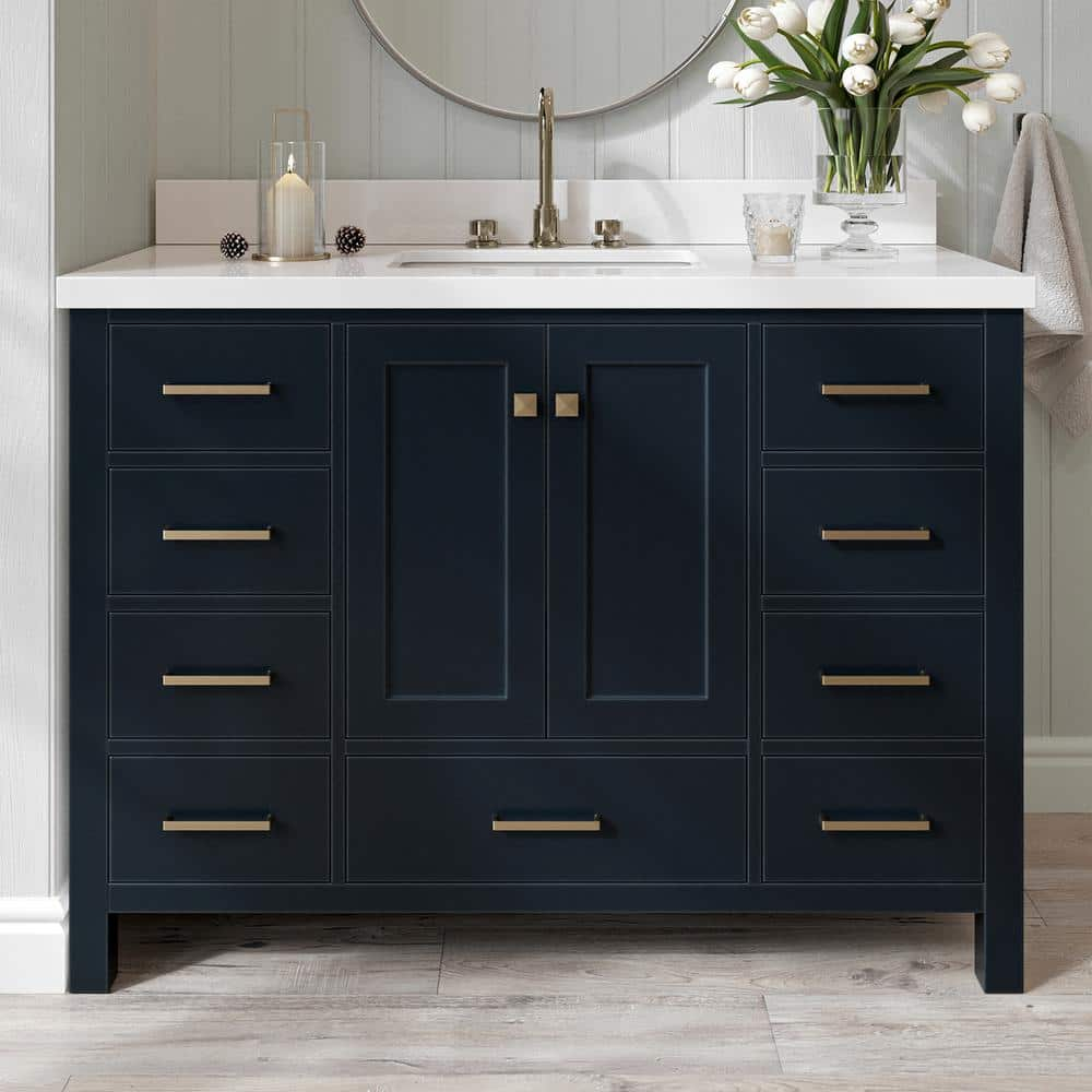 ARIEL 49" Bathroom Vanity with 1.5" Edge Pure White Quartz Countertop & Backsplash, Center Rectangular Sink, 2 Soft Closing Doors, 9 Full Extension Dovetail Drawers, Brushed Nickel - Midnight Blue