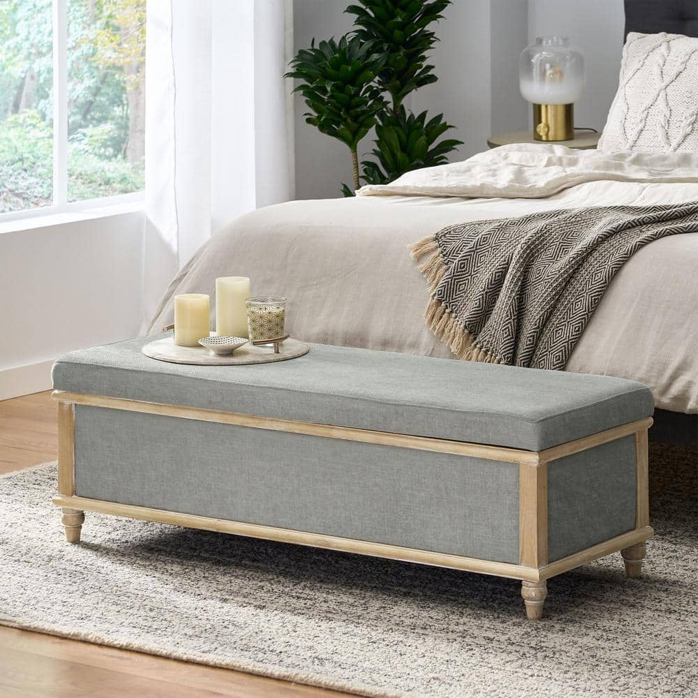GDF Studio French Country Fabric Storage Ottoman Bench with Weathered Wood Frame, Gray