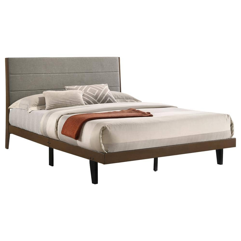 Coaster Mays Fabric Upholstered Queen Platform Bed Walnut Brown and Gray