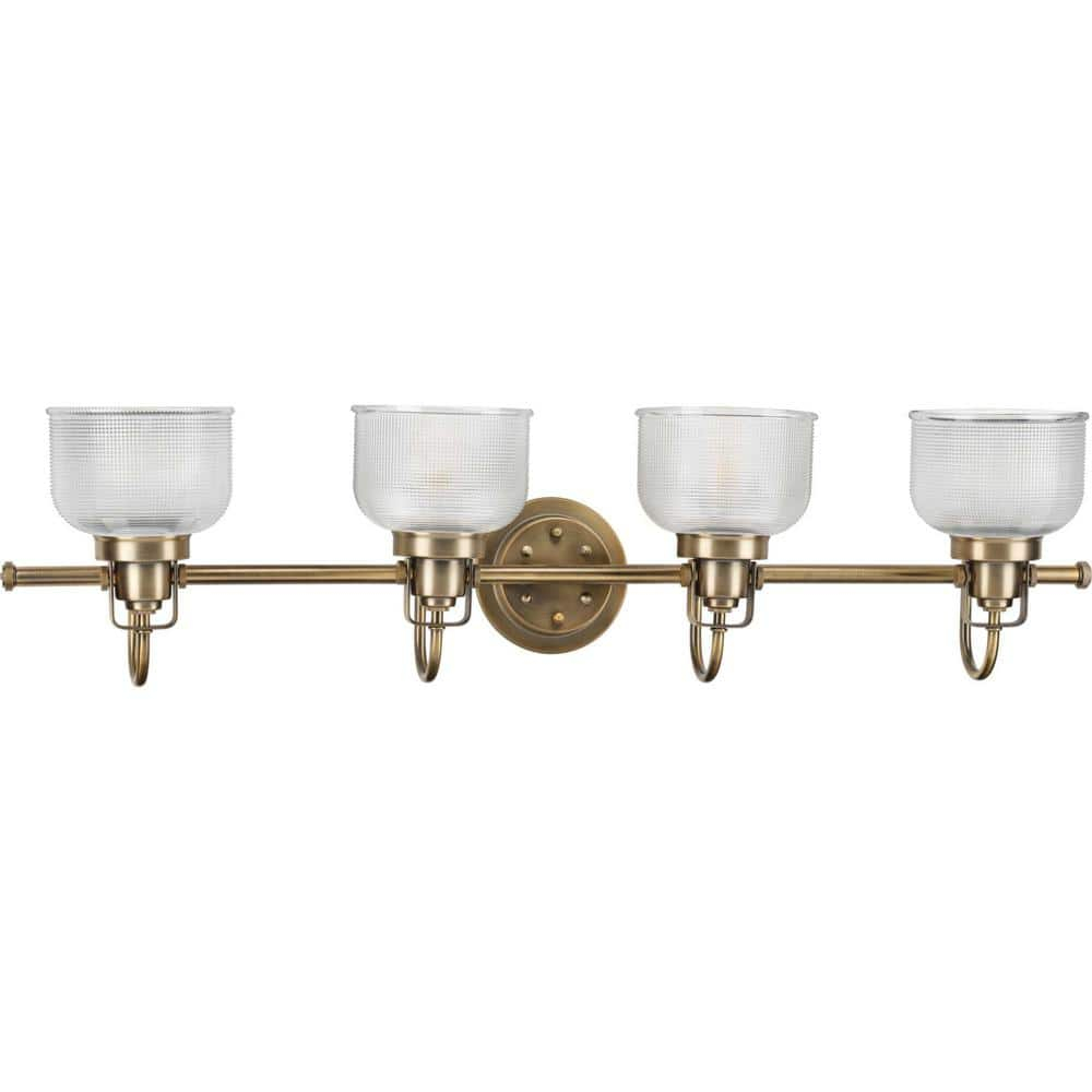Archie Collection Four-Light Vintage Brass Clear Double Prismatic Glass Coastal Bath Vanity Light