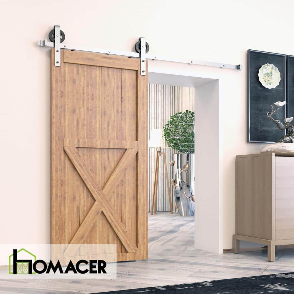 Homacer Brushed Nickel Sliding Barn Door Hardware Kit, for One/Single Door, 4ft Long Flat Track, Spoke Wheel Design Roller, Heavy Duty, for Interior & Exterior Use