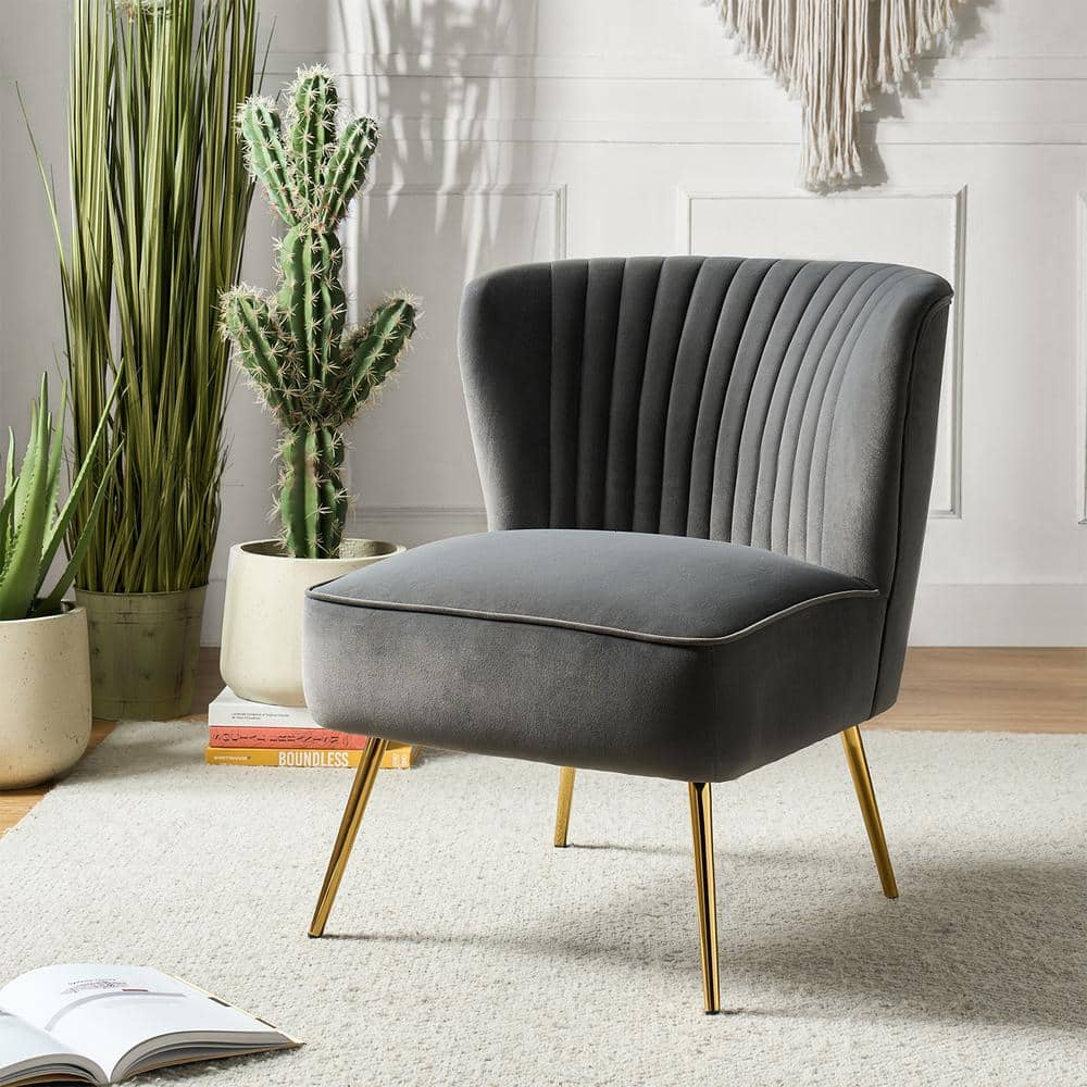Makeup Vanity Table Chair Upholstered Wingback Accent Slipper Chair Side Armless Sofa Tufted Back Dining Home Living Room Bedroom Grey