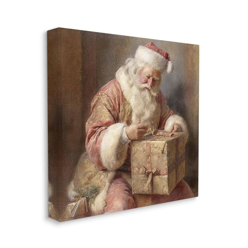 Stupell Industries Vintage Santa Wrapping Gift Holiday Painting Gallery Wrapped Canvas Art Print Wall Art, 17 x 17