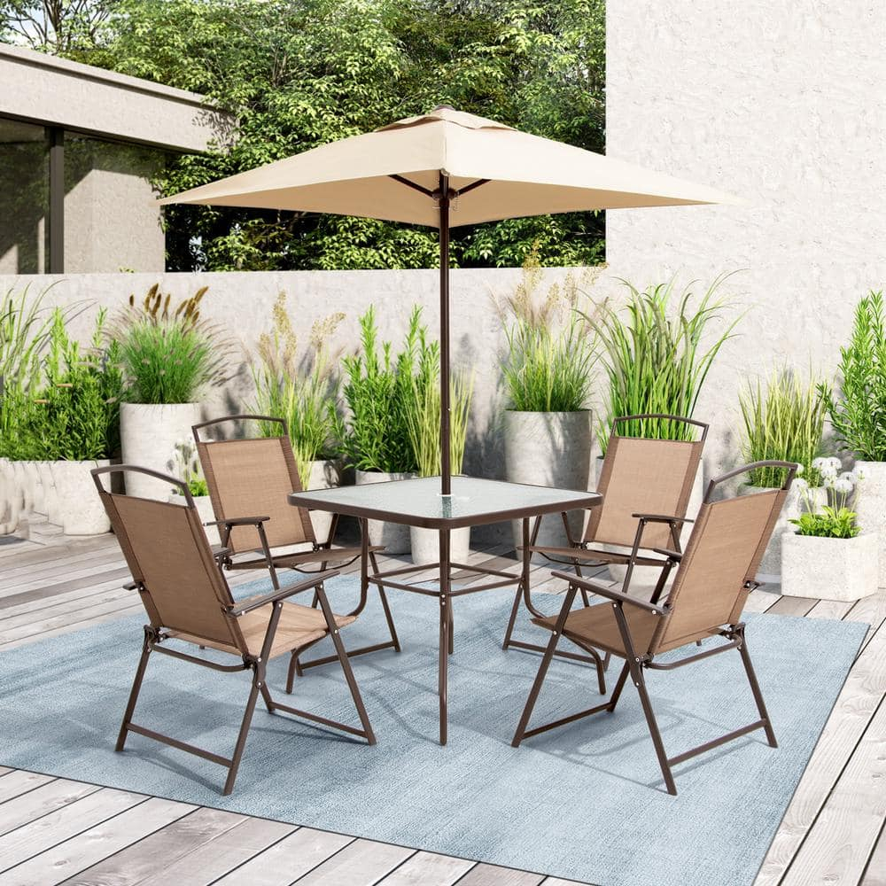 Crestlive Products 6 PCS Patio Dining Set,4 Folding Chairs, Square Tempered Glass Table and Umbrella Set, Brown