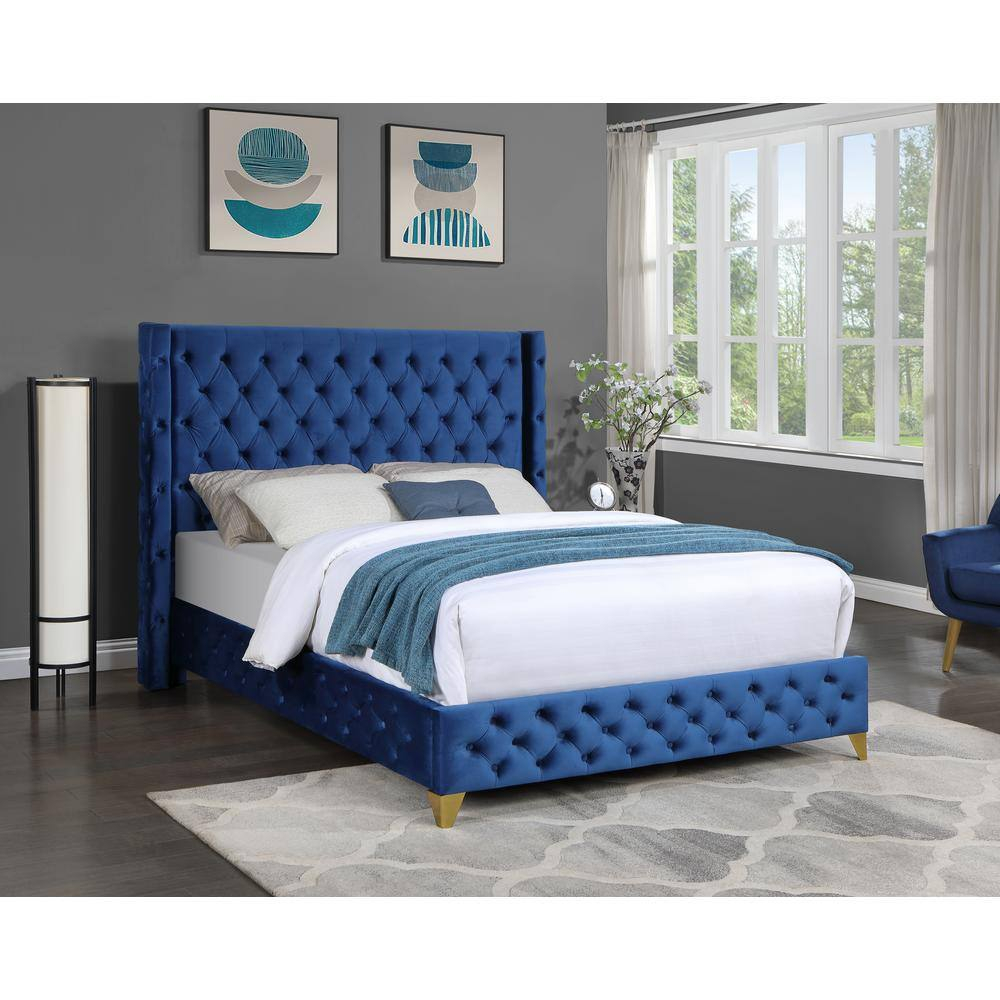 Oakdale Blue Wood Frame California King Platform Bed with Tufted Velvet Upholstery