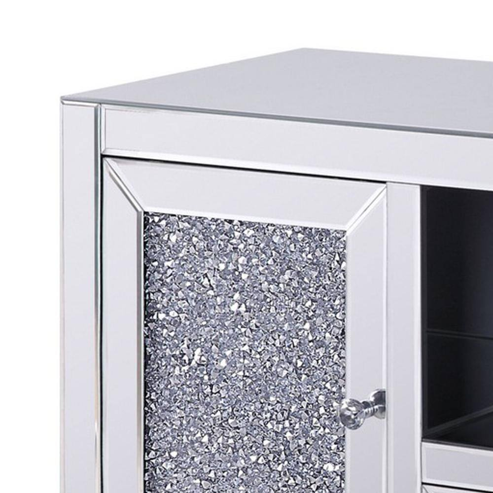 Noe 59 Inch Wood TV Entertainment Media Console Faux Diamond Inlay Silver - Saltoro Sherpi