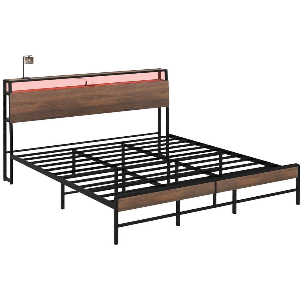 HOMCOM King Bed Frame with Headboard, King Size Bed Frame with Lights, Charging Station, Storage Shelf, Noise-Free & No Box Spring Needed, Walnut