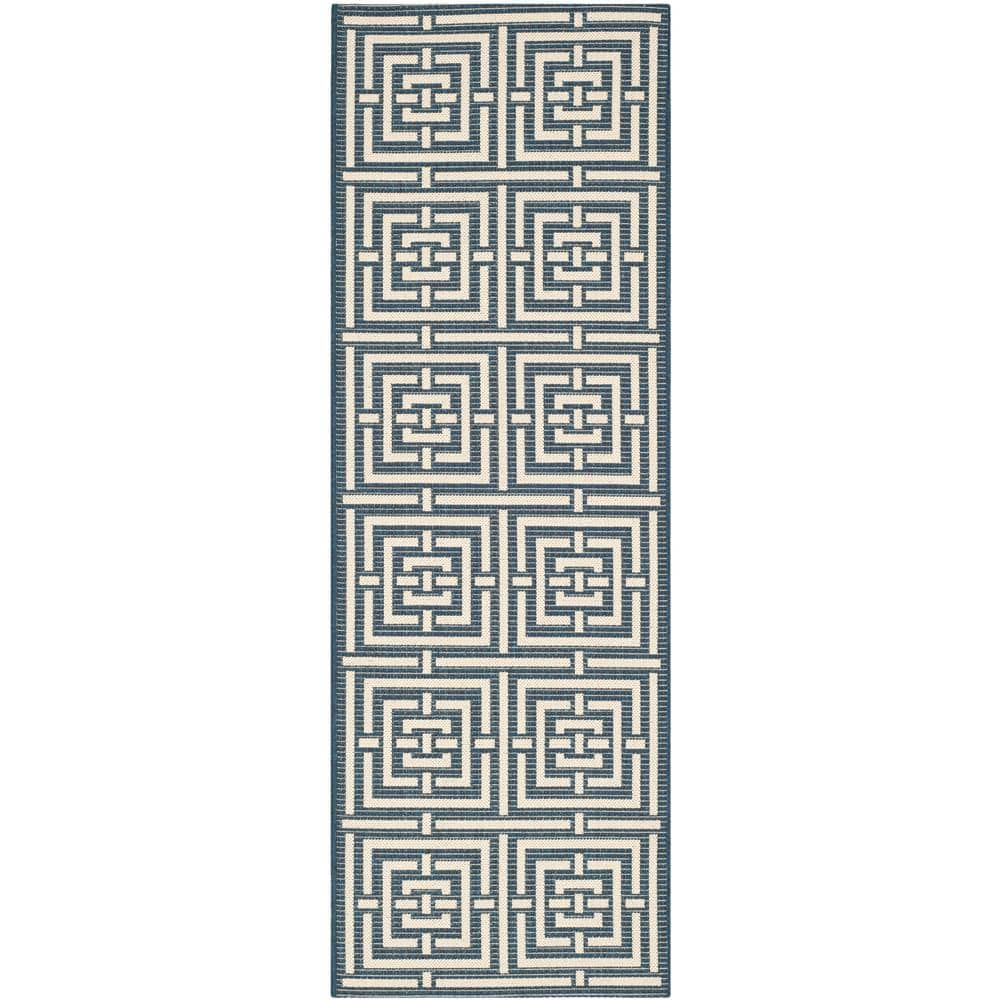 SAFAVIEH Courtyard Ariana Geometric Indoor/Outdoor Runner Rug, Navy/Beige, 2'3" x 10'