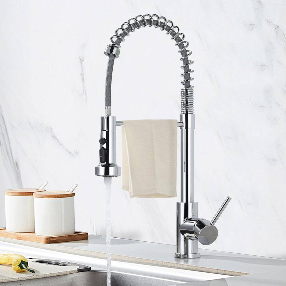 VOTON Chrome Kitchen Faucets with Pull Out Sprayer Commercial Spring Sink Faucet Stainless Steel Pull Down Single Handle Farmhouse faucets with Deck Plate for Camper Laundry Utility Rv Wet Bar