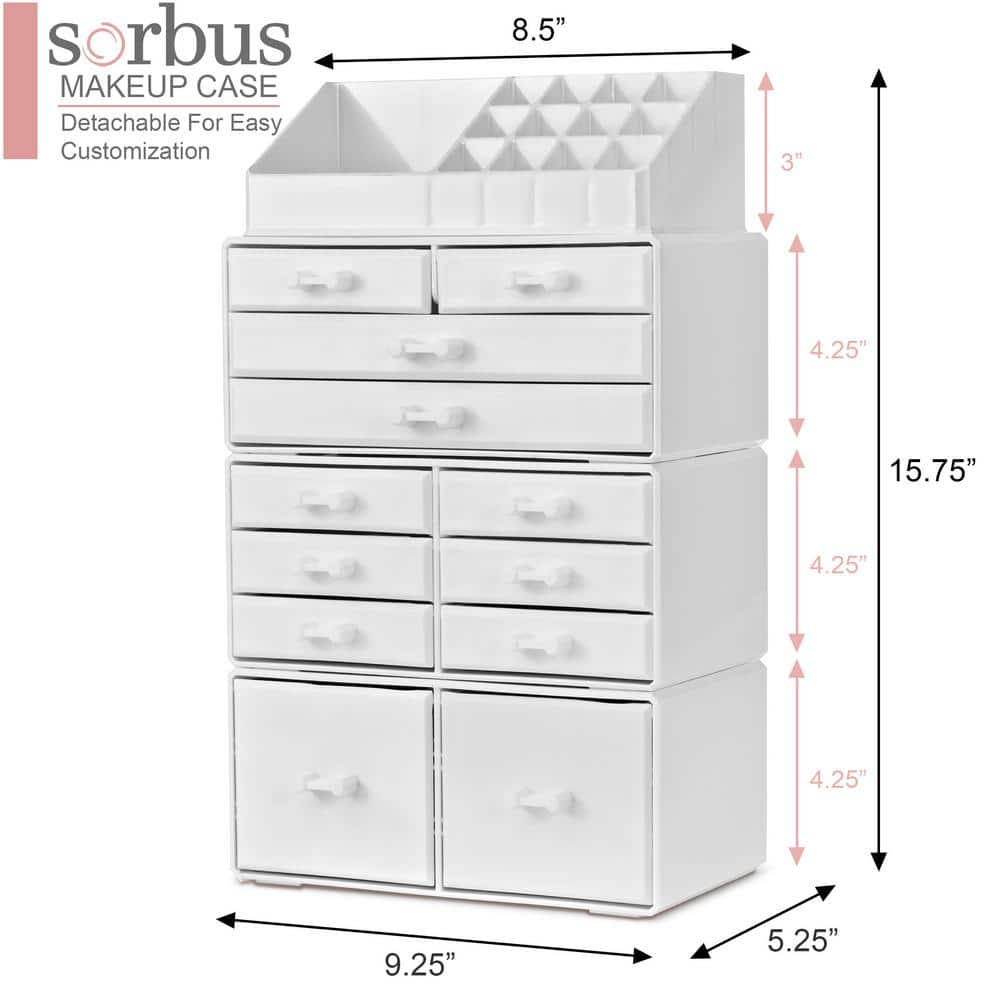 Sorbus Large Makeup Organizer - Stackable Jewelry & Makeup Organizer For Vanity, Bathroom Storage, Dresser - 12 Drawers Cosmetic Beauty Organizers and Storage with Lipstick, Makeup Brush Holder