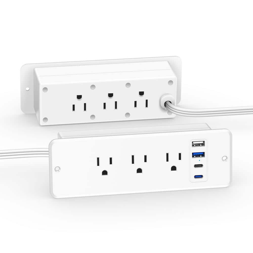 CCCEI 6 Outlets Dual Side Recessed Power Strip with USB C Ports, Furniture Flush Mount, Under Desk, Desk Top Multiple Outlets, Hidden Charging Station for Conference Table, Nightstand, White. 6FT.