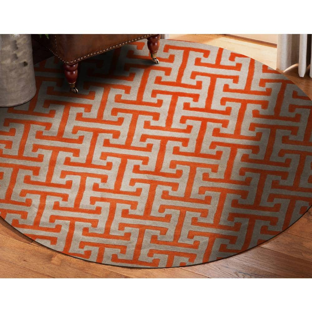 Handmade Gray Geometric Wool Round Rug, 8' Diameter