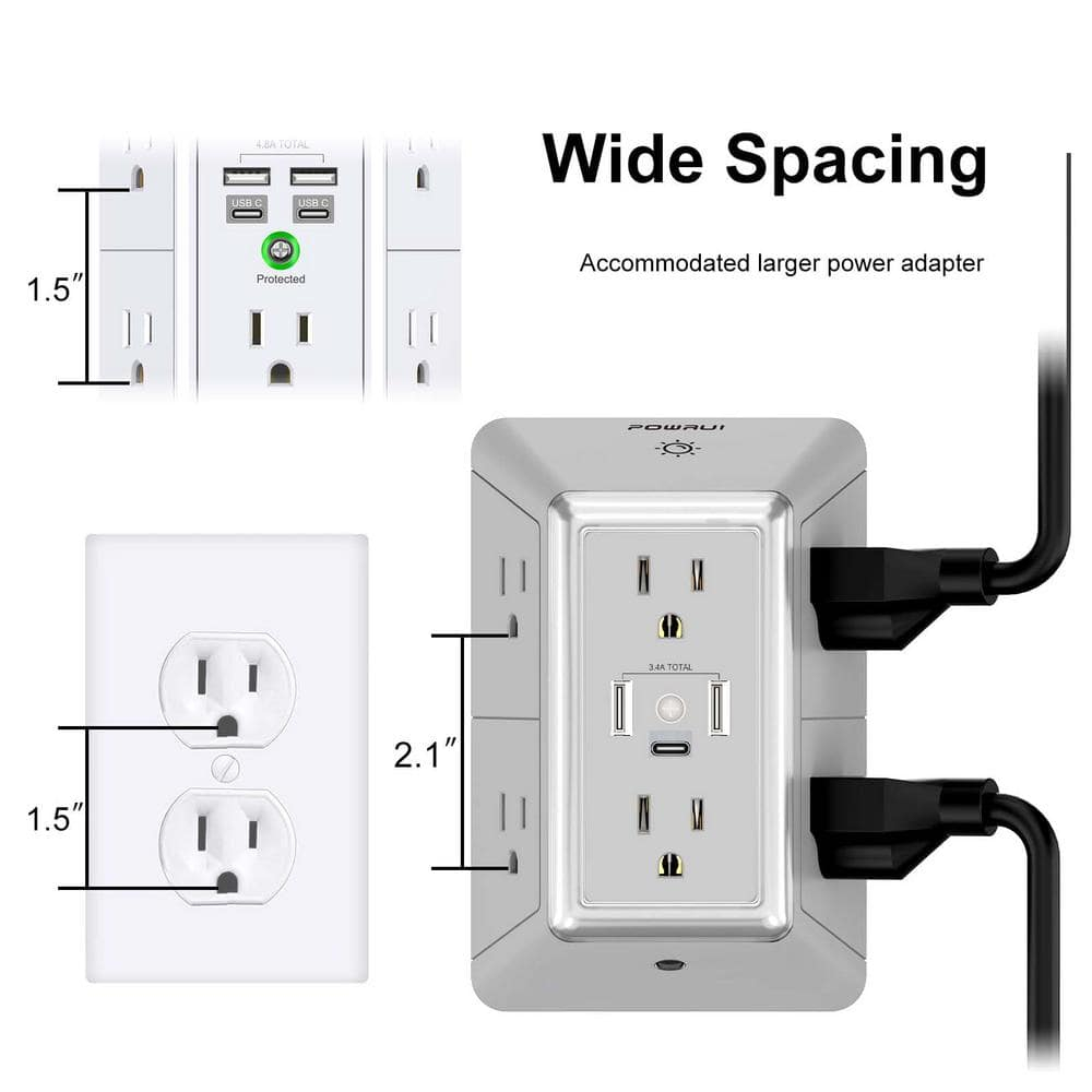 POWRUI Power Strip Surge Protector - 6 AC Outlets With 3 USB Ports (1 USB C), Night Light, 3-Sided Multi Plug Wall Extender With Spaced Outlets - Grey, ETL Listed