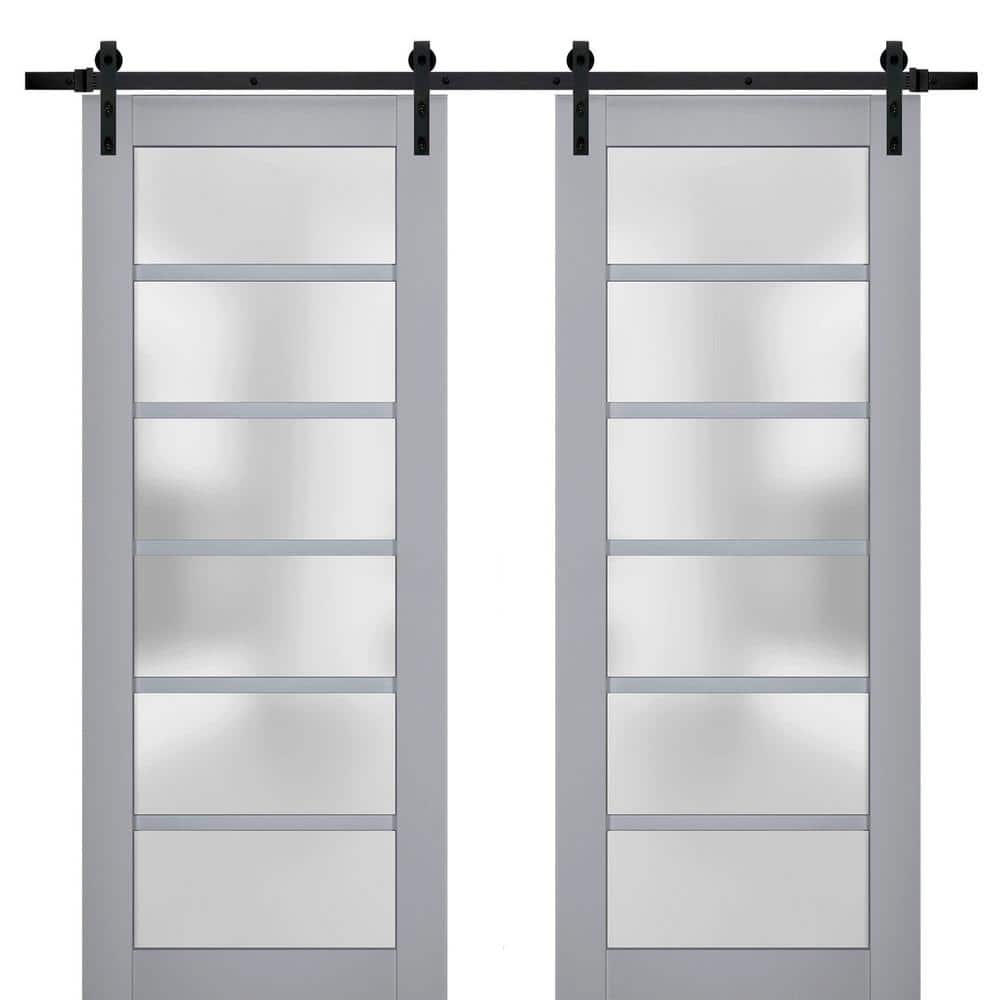 Sturdy Double Barn Door with Frosted Glass | Veregio 7602 Matte Grey | 13FT Rail Hangers Heavy Set | Solid Panel Interior Doors-64" x 84" (2* 32x84)-Black Rail