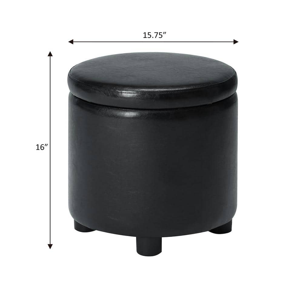 Convenience Concepts Designs4Comfort Round Accent Storage Ottoman with Reversible Tray Lid, Black Faux Leather