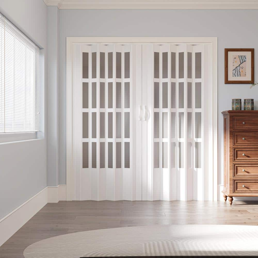 Upgrade Dual Layer Vinyl Accordion Door with Handles and Magnetic Door Lock, 4-Lite Frosted Acrylic Glass, White