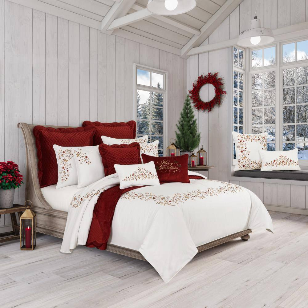 Joyeux White and Red Cotton Full/Queen Holiday Duvet Cover Set