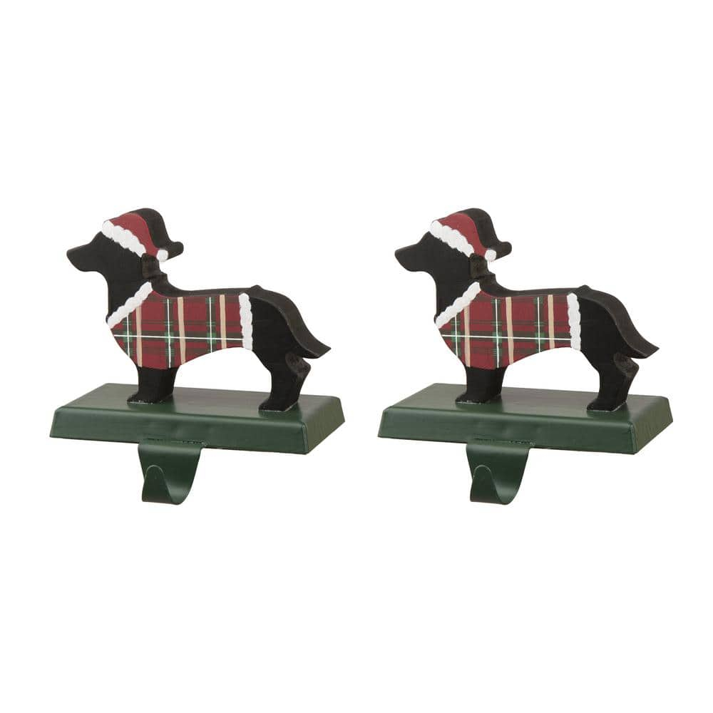 Plaid Dachshund Wooden and Metal Christmas Stocking Holders, Set of 2