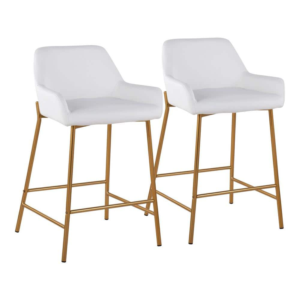 LumiSource Gold Metal, White PU Daniella Fixed-Height Counter Stool - Set of 2