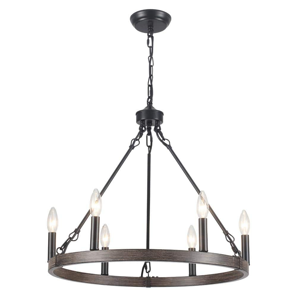 22.04 in. 6-Light Black Rustic Farmhouse Chandelier, Wagon Wheel Chandelier for Dining Room Living Room Bedroom Kitchen Black
