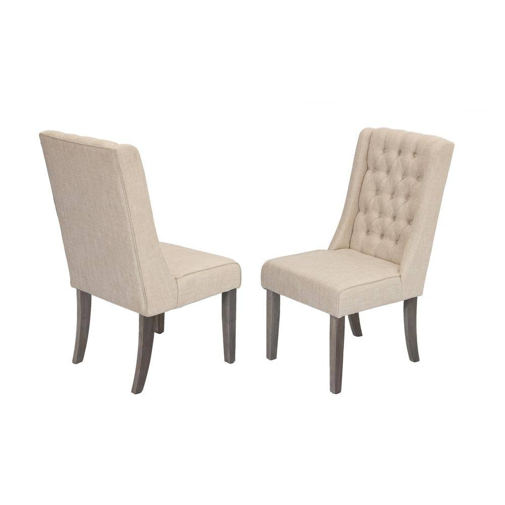 Rustic Gray Dining Chairs (Set of 2) with Beige Linen Fabric Tufted Seats