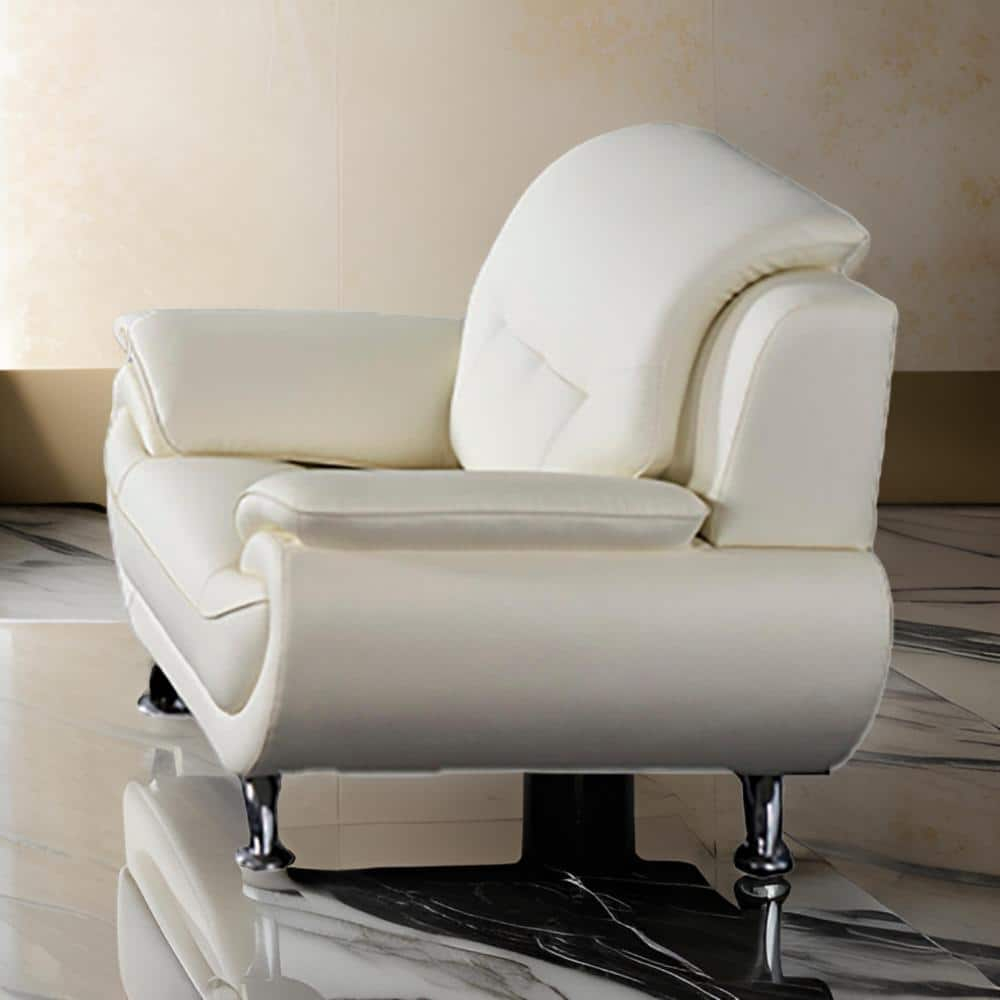 Benjara Olaf 50 Inch Sofa Chair, Tufted Ivory Faux Leather, Chrome Metal, Wood