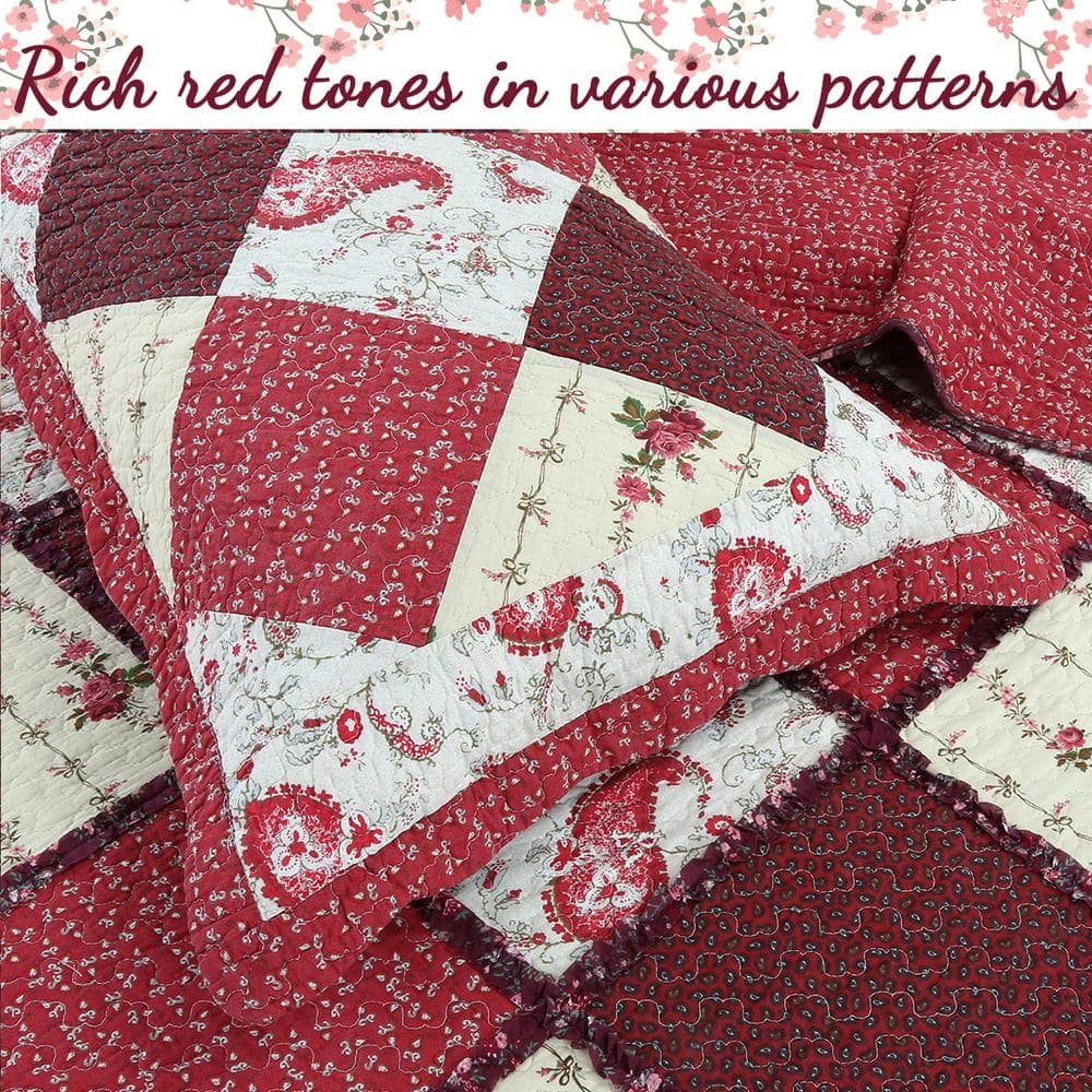 Cozy Line Home Fashions Rich Red Rose Floral Paisley 3-Piece Patchwork Ruffle Scalloped Vintage Farmhouse Cotton Reversible Queen Quilt Bedding Set
