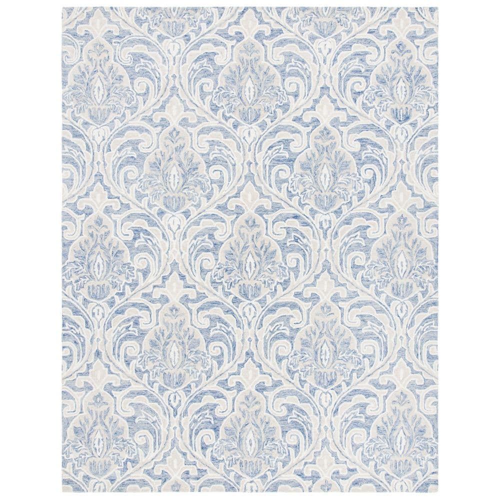 Handmade Medallion Tufted Wool Rug 9' x 12' in Blue and Ivory