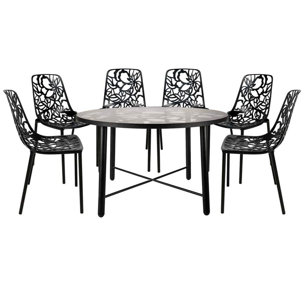 LeisureMod Devon Mid-Century Modern 7-Piece Aluminum Outdoor Patio Dining Set with Tempered Glass Top Table and 6 Stackable Flower Design Chairs for Patio, Balcony, and Backyard Garden (Black)